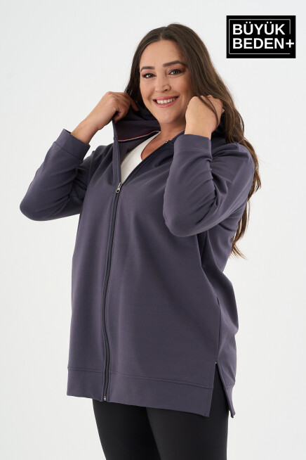 Kadın Tunik Büyük Beden Fermuarlı Kapşonlu Sweat Hırka SPR26BTK955