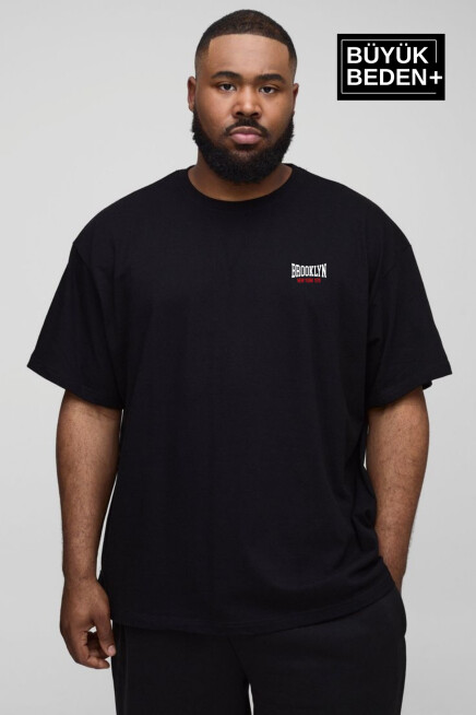 Erkek Büyük Beden Brooklyn 1970 Baskılı Bisiklet Yaka Tshırt SPR25BTS904
