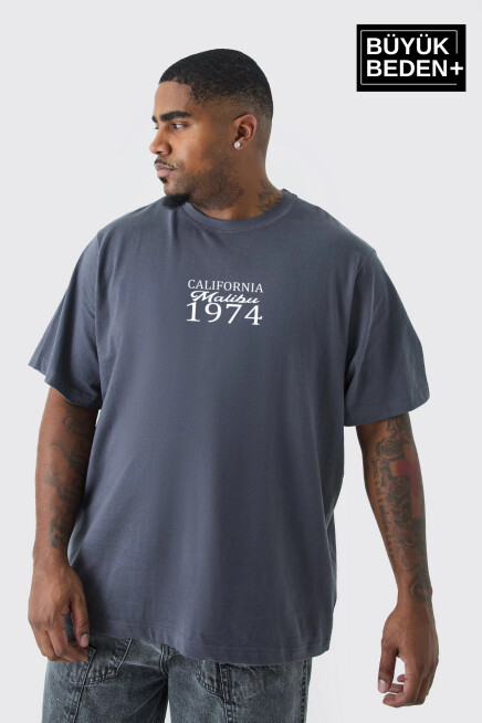 Erkek Büyük Beden California 1974 Baskılı Bisiklet Yaka Tshırt SPR25BTS906