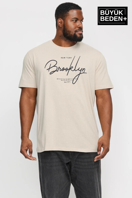 Erkek Büyük Beden El Yazılı Brooklyn Baskılı Bisiklet Yaka Tshırt SPR25BTS12