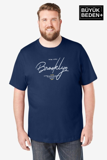 Erkek Büyük Beden El Yazılı Brooklyn Baskılı Bisiklet Yaka Tshırt SPR25BTS12