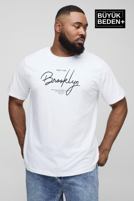 Erkek Büyük Beden El Yazılı Brooklyn Baskılı Bisiklet Yaka Tshırt SPR25BTS12