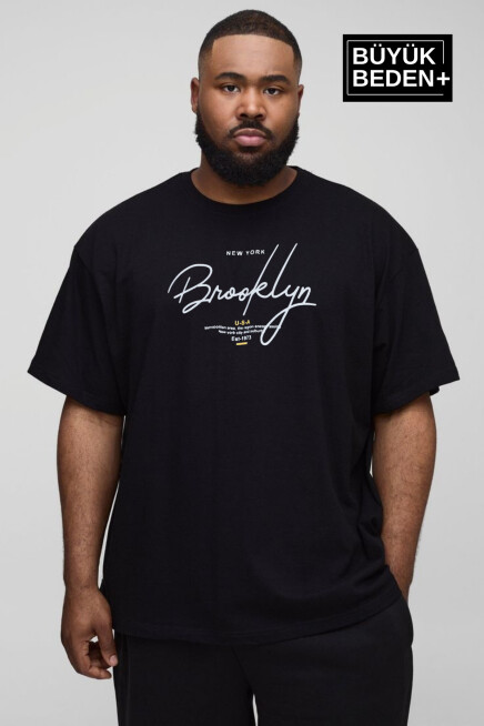 Erkek Büyük Beden El Yazılı Brooklyn Baskılı Bisiklet Yaka Tshırt SPR25BTS12