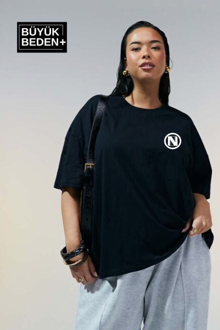 Kadın Büyük Beden N Baskılı Bisiklet Yaka Tshırt SPR25BTSK902