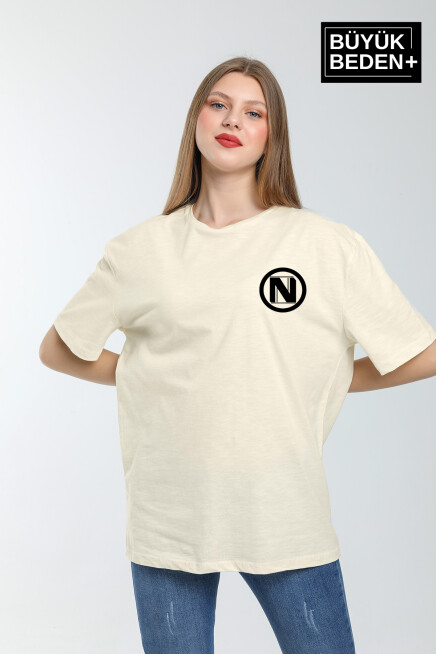 Kadın Büyük Beden N Baskılı Bisiklet Yaka Tshırt SPR25BTSK902
