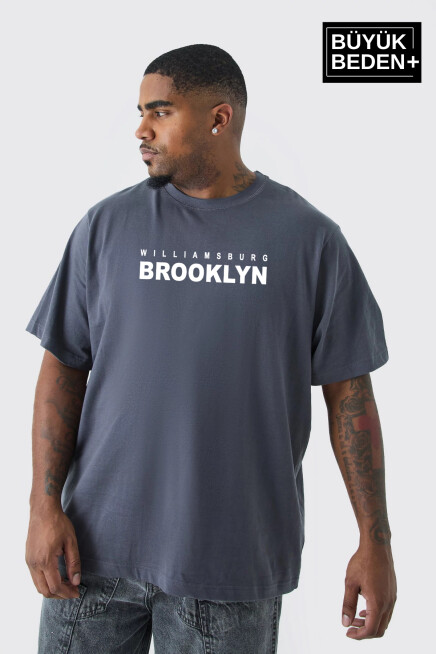 Erkek Büyük Beden Willams.Brooklyn Baskılı Bisiklet Yaka Tshırt SPR25BTS15