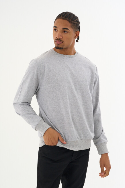 Süperlife Erkek Gri Bisiklet Yaka Ribanalı Regular Fit Sweatshirt spr26swk930