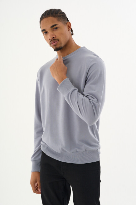 Süperlife Erkek Gri Bisiklet Yaka Ribanalı Regular Fit Sweatshirt spr26swk930