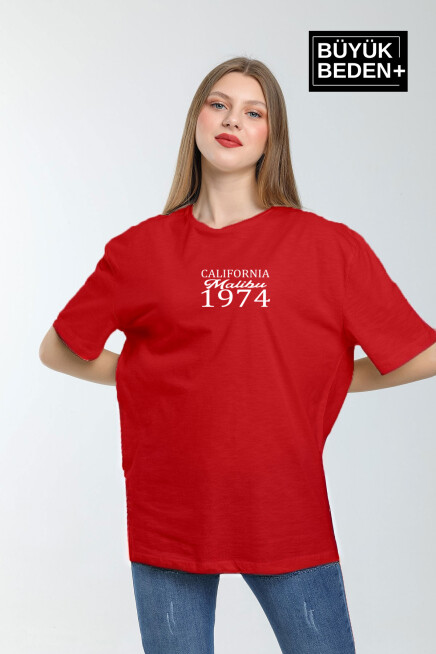 Kadın Büyük Beden California 1974 Baskılı Bisiklet Yaka Tshırt SPR25BTSK06