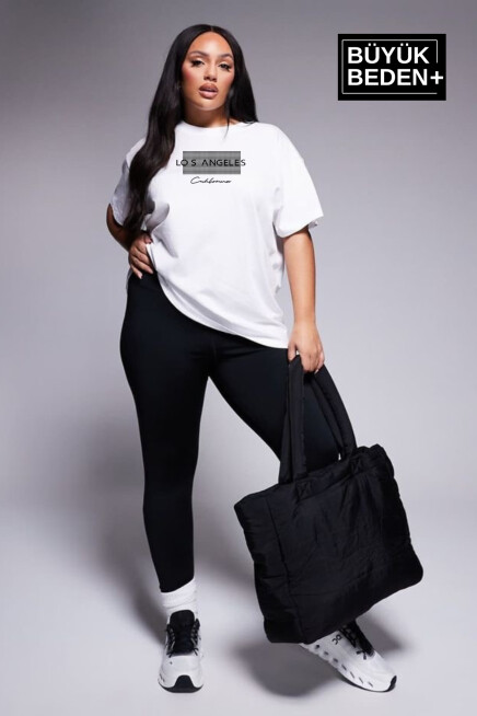 Kadın Büyük Beden Las Angeles Baskılı Bisiklet Yaka Tshırt SPR25BTK909