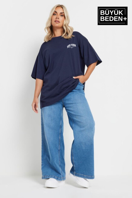 Kadın Büyük Beden New York Baskılı Bisiklet Yaka Tshırt SPR25BTSK14