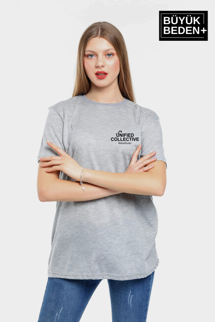 Kadın Büyük Beden Unified Collective Baskılı Bisiklet Yaka Tshırt SPR25BTSK905