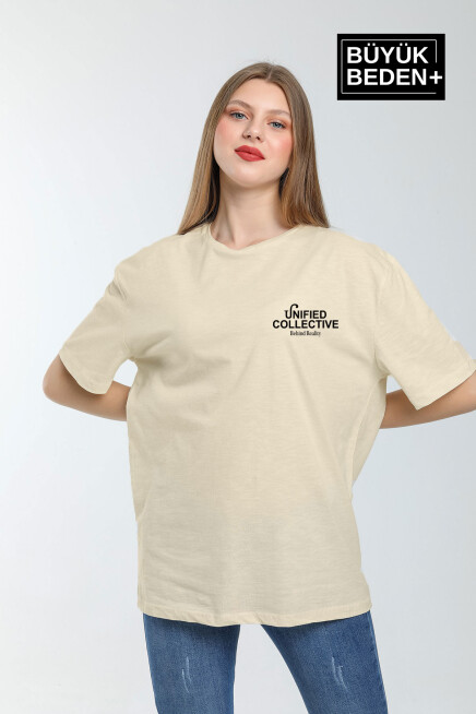Kadın Büyük Beden Unified Collective Baskılı Bisiklet Yaka Tshırt SPR25BTSK905