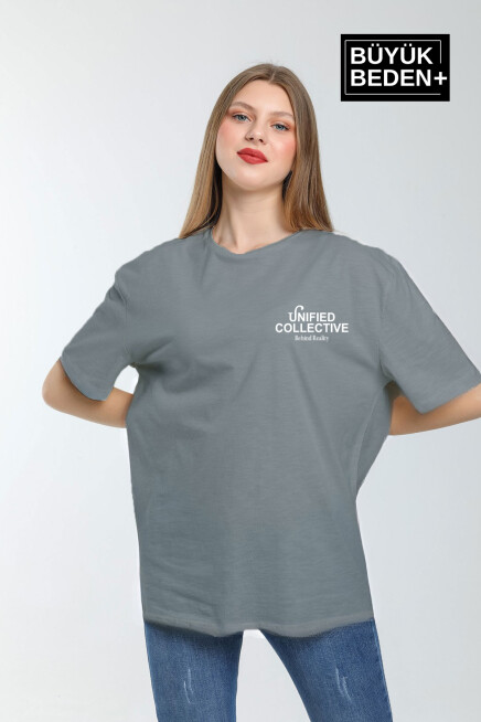 Kadın Büyük Beden Unified Collective Baskılı Bisiklet Yaka Tshırt SPR25BTSK905