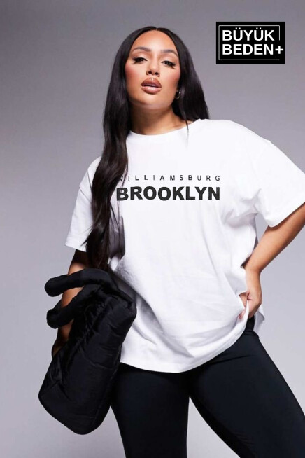 Kadın Büyük Beden Willams.Brooklyn Baskılı Bisiklet Yaka Tshırt SPR25BTSK15