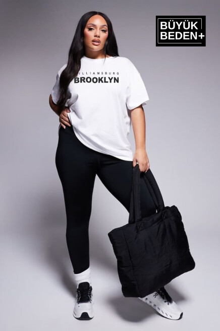 Kadın Büyük Beden Willams.Brooklyn Baskılı Bisiklet Yaka Tshırt SPR25BTSK15