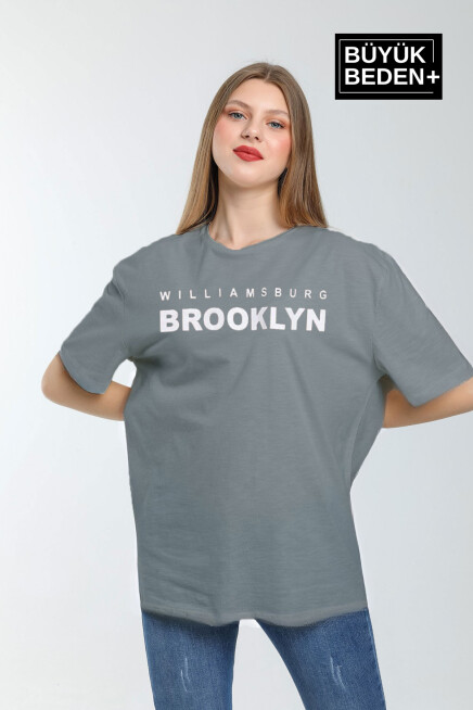 Kadın Büyük Beden Willams.Brooklyn Baskılı Bisiklet Yaka Tshırt SPR25BTSK15