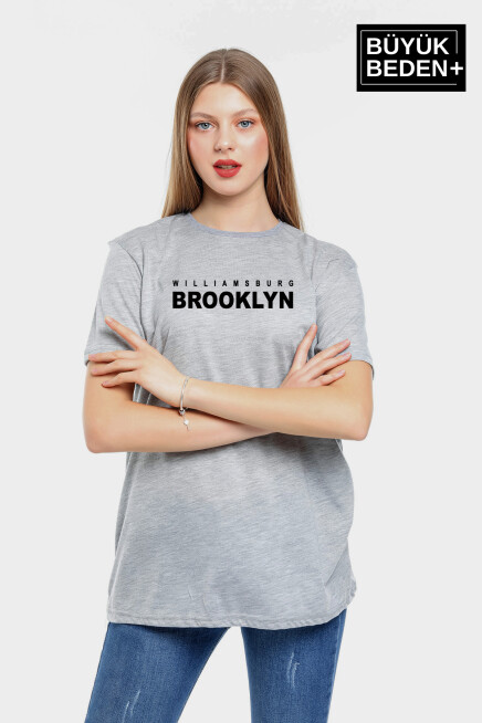 Kadın Büyük Beden Willams.Brooklyn Baskılı Bisiklet Yaka Tshırt SPR25BTSK15