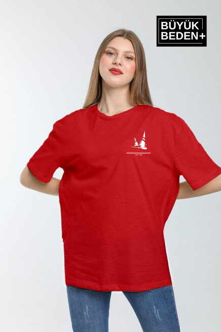Kadın Büyük Beden Yelken Baskılı Bisiklet Yaka Tshırt SPR25BTSK903