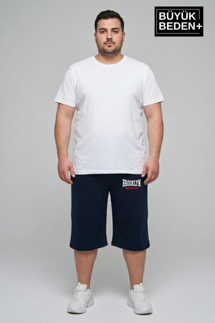 Büyük Beden Erkek 3XL-6XL Rahat Kalıp Cepli Brooklyn 1970 Baskılı Penye Kapri  Şort SPR26BSR591-03