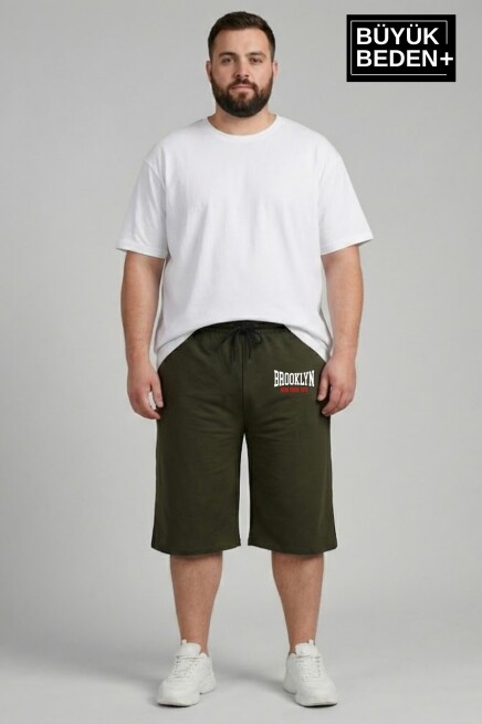 Büyük Beden Erkek 3XL-6XL Rahat Kalıp Cepli Brooklyn 1970 Baskılı Penye Kapri  Şort SPR26BSR591-03