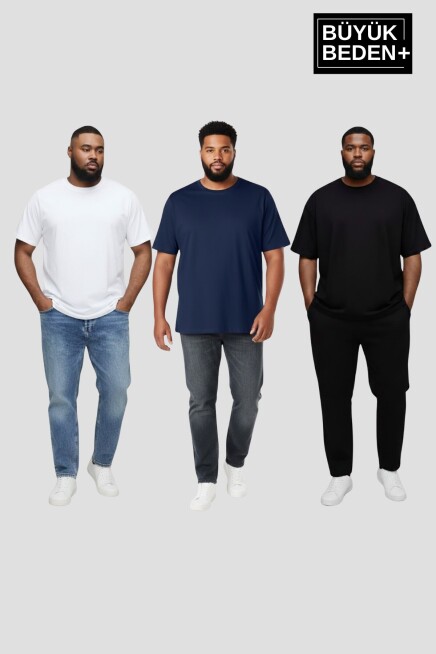 Büyük Beden Erkek Basic  3XL-6XL  Bisiklet Yaka 3lü Tişört Seti SPR26BTS510+3