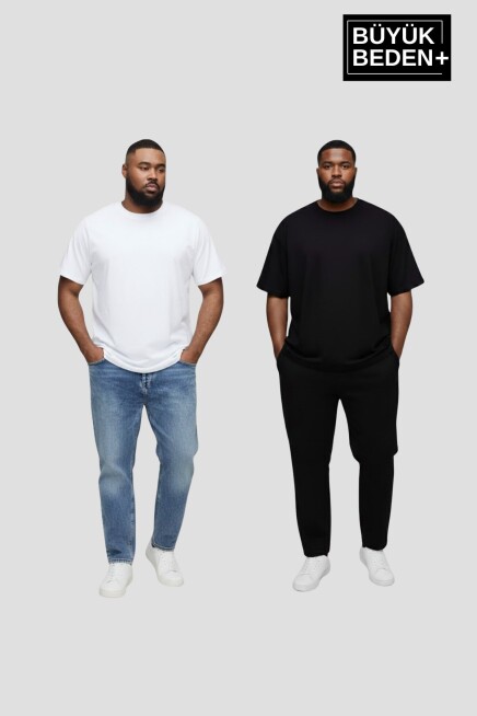 Büyük Beden Erkek Basic Bisiklet Yaka 2li Tişört Seti 3XL-6XL SPR26BTS510+2