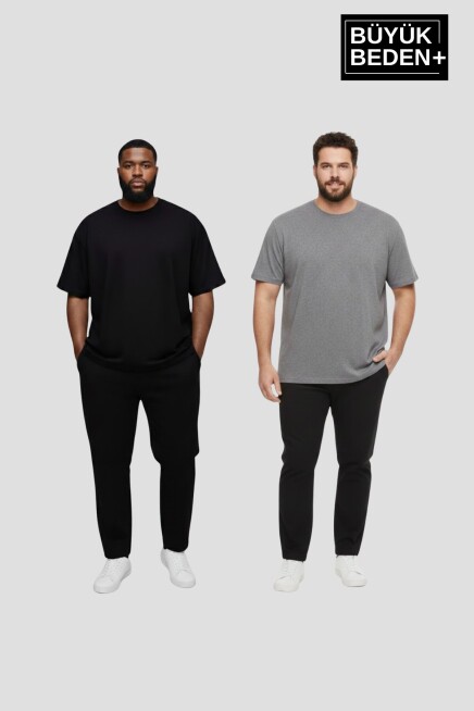 Büyük Beden Erkek Basic Bisiklet Yaka 2li Tişört Seti 3XL-6XL SPR26BTS510+2