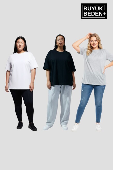Büyük Beden Kadın Basic 3XL-6XL Bisiklet Yaka 3lü Tişört Seti SPR26BTSK510+3