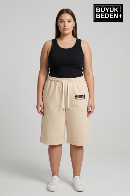 Büyük Beden Kadın Bermuda Şort Rahat Kalıp Brooklyn 1970 Baskılı SPR26BSRK951-03