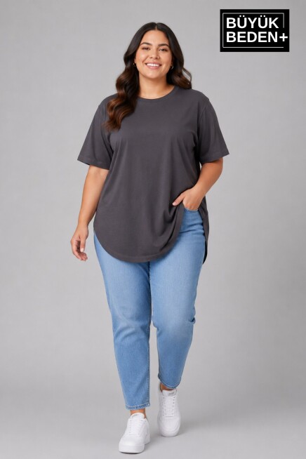 Büyük Beden Kadın Bisiklet Yaka Basic Oval Etek Detalylı 3xl-6xl Uzun Tunik SPR26BTSK502
