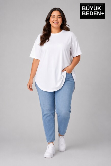 Büyük Beden Kadın Bisiklet Yaka Basic Oval Etek Detalylı 3xl-6xl Uzun Tunik SPR26BTSK502