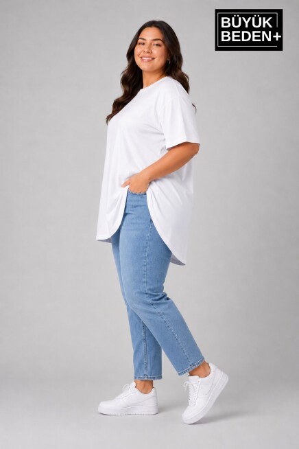 Büyük Beden Kadın Bisiklet Yaka Basic Oval Etek Detalylı 3xl-6xl Uzun Tunik SPR26BTSK502