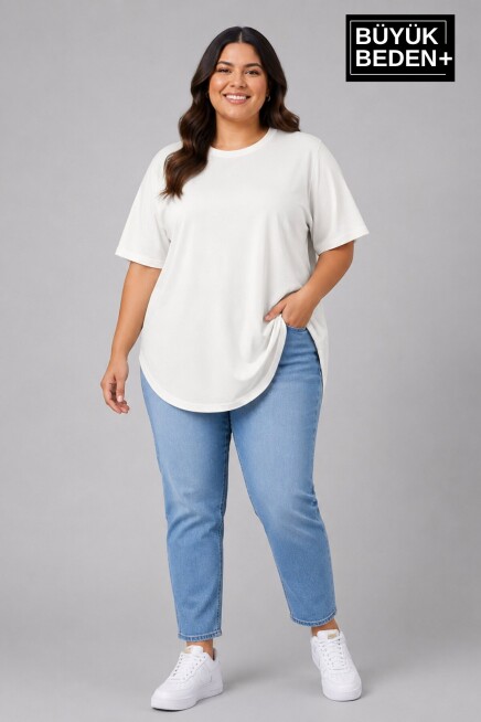 Büyük Beden Kadın Bisiklet Yaka Basic Oval Etek Detalylı 3xl-6xl Uzun Tunik SPR26BTSK502