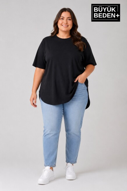 Büyük Beden Kadın Bisiklet Yaka Basic Oval Etek Detalylı 3xl-6xl Uzun Tunik SPR26BTSK502