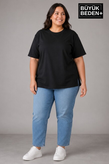Büyük Beden Kadın Bisiklet Yaka Yırtmaç Detaylı 3XL-6XL Tunik Tişört SPR26BTSK501