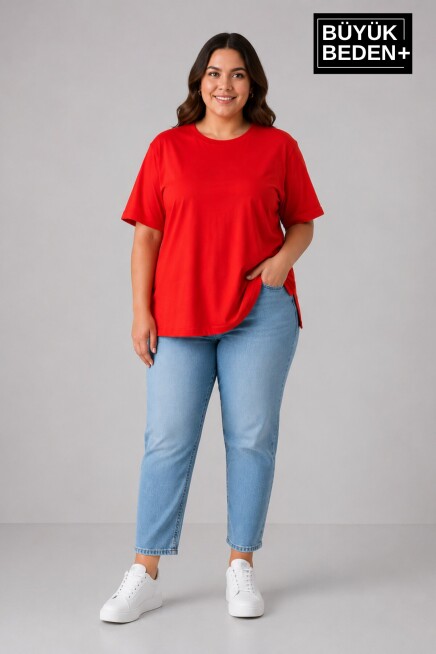 Büyük Beden Kadın Bisiklet Yaka Yırtmaç Detaylı 3XL-6XL Tunik Tişört SPR26BTSK501