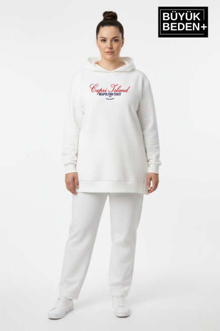 Büyük Beden Kapşonlu Capri İsland Baskılı Tunik ince Sweatshırt  SPR26BTK991-2