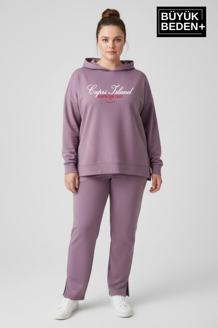 Büyük Beden Kapşonlu Capri İsland Baskılı Tunik ince Sweatshırt  SPR26BTK991-2