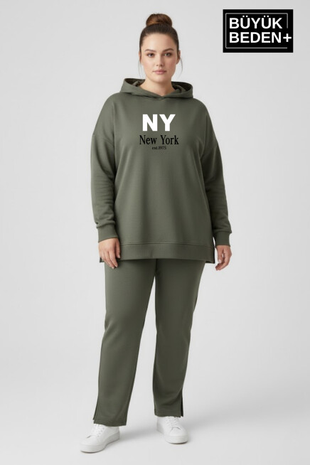 Büyük Beden Kapşonlu NY Newyork Baskılı Tunik ince Sweatshırt  SPR26BTK991-1