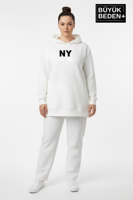 Büyük Beden Kapşonlu NY Newyork Baskılı Tunik ince Sweatshırt  SPR26BTK991-1