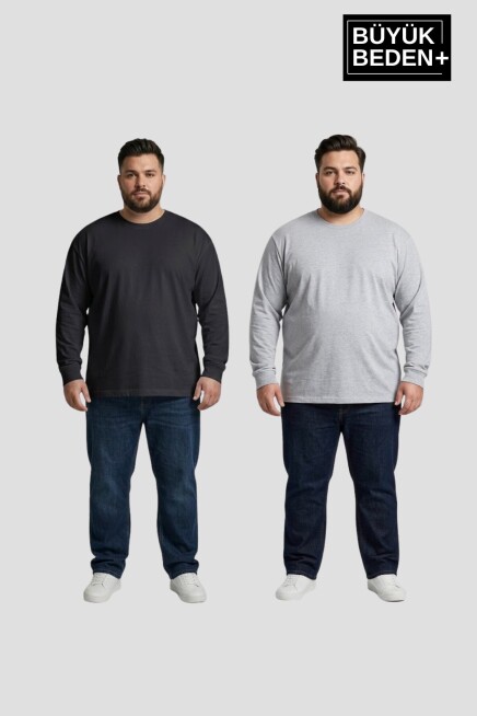 Erkek Büyük Beden 2li Set Uzun Kollu 2 İplik Bisiklet Yaka Tişört SPR26BEA942+2