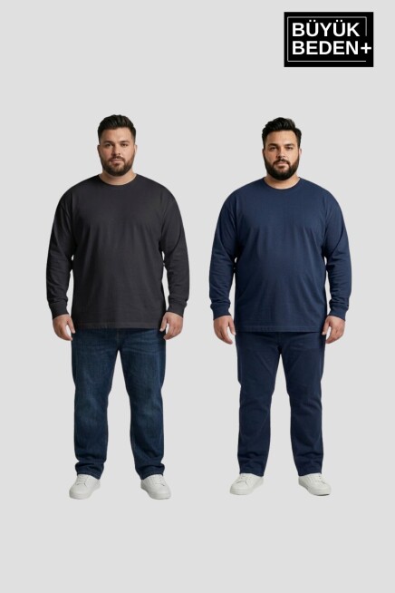 Erkek Büyük Beden 2li Set Uzun Kollu 2 İplik Bisiklet Yaka Tişört SPR26BEA942+2