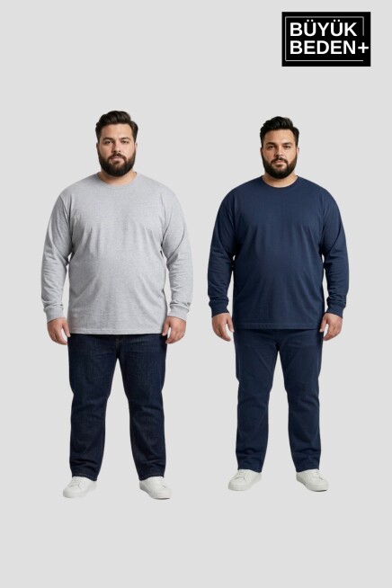 Erkek Büyük Beden 2li Set Uzun Kollu 2 İplik Bisiklet Yaka Tişört SPR26BEA942+2