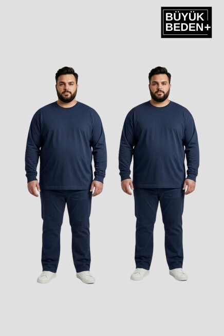 Erkek Büyük Beden 2li Set Uzun Kollu 2 İplik Bisiklet Yaka Tişört SPR26BEA942+2