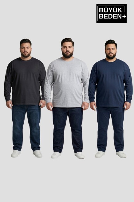 Erkek Büyük Beden 3lü Set Uzun Kollu 2 İplik Bisiklet Yaka Tişört SPR26BEA942+3