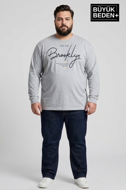 Erkek Büyük Beden El Yazılı Brooklyn Baskılı 2 İplik Bisiklet Yaka Tişört SPR26BTS942-6