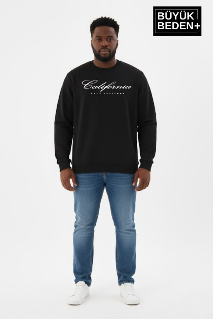 Erkek Büyük Beden El Yazılı California Baskılı Bisiklet Yaka Sweatshirt SPR26BSW956-7