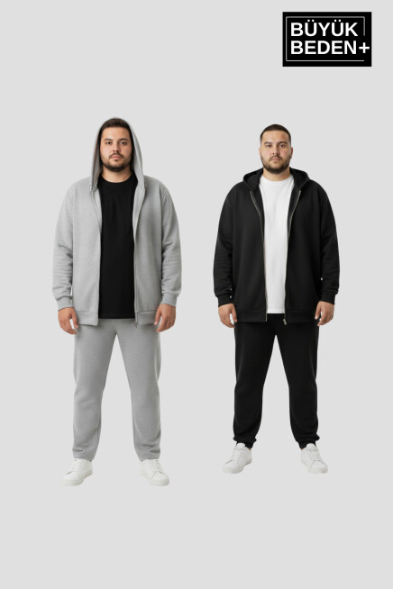 Erkek Büyük Beden Fermuarlı Kapüşonlu 2li Set ince Sweatshirt Hırka - Rahat Kalıp SPR26BHR960+2