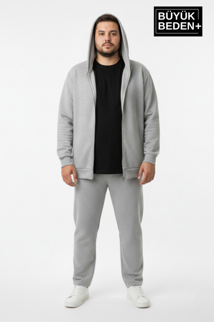 Erkek Büyük Beden Fermuarlı Kapüşonlu 2li Set ince Sweatshirt Hırka - Rahat Kalıp SPR26BHR960+2